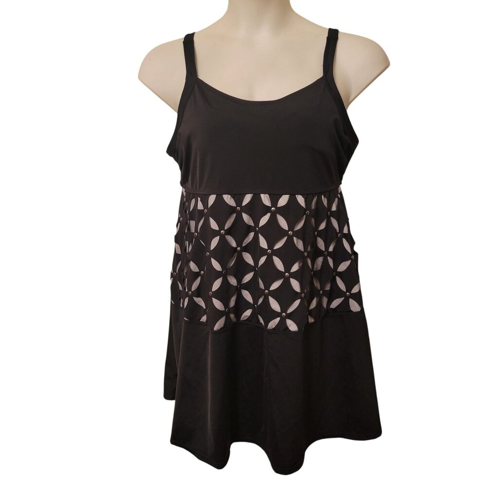 Roamans Swim Black Floral Cutout Tankini Swimsuit One Piece Modest